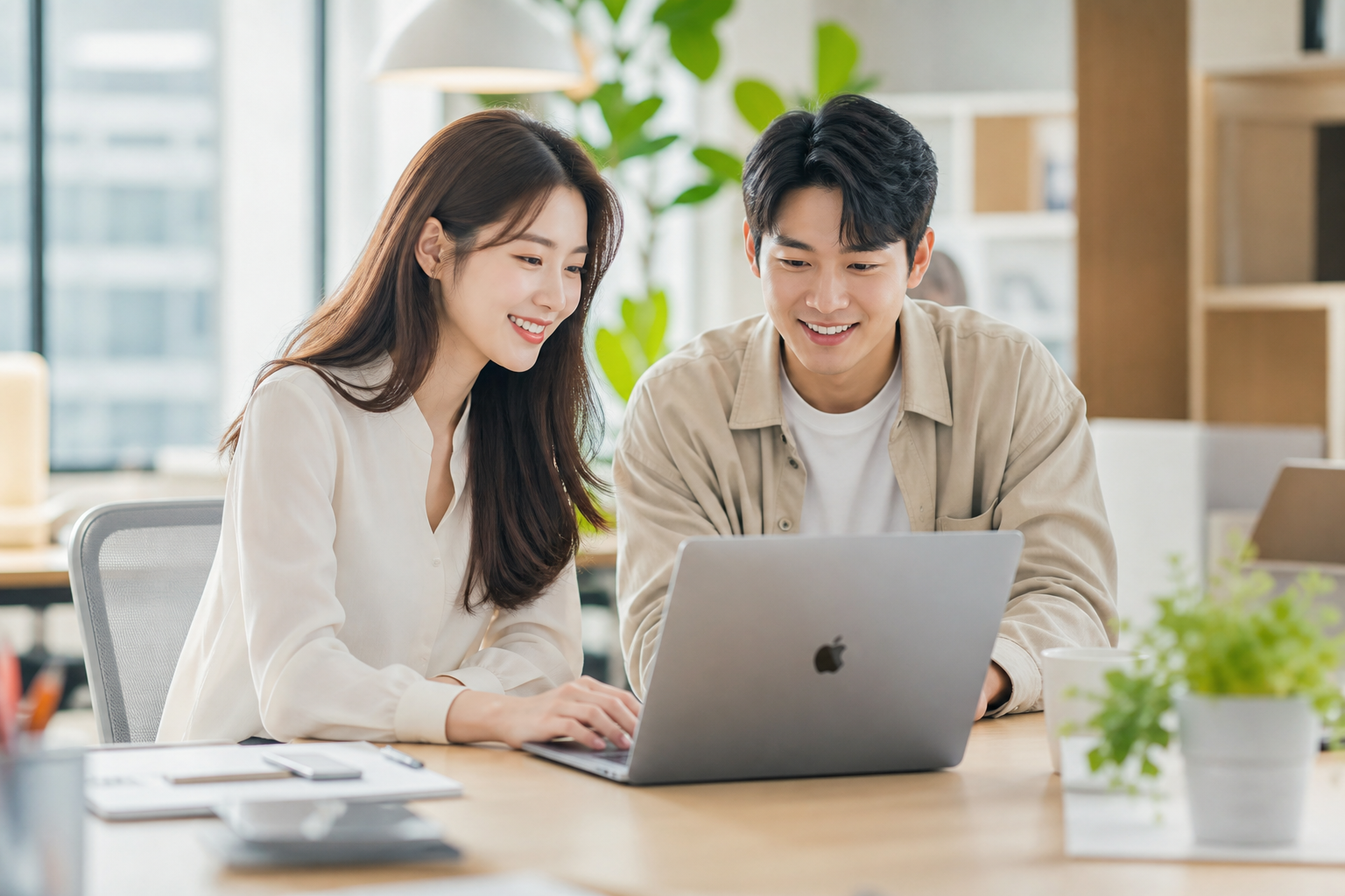 맥으로 홈페이지를 디자인하는 한국 여성 개발자와 함께 일하는 동료